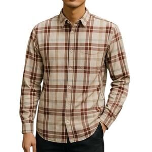 7 For All Mankind XS Plaid Button Down Shirt Cream Brown Red Blue Unisex